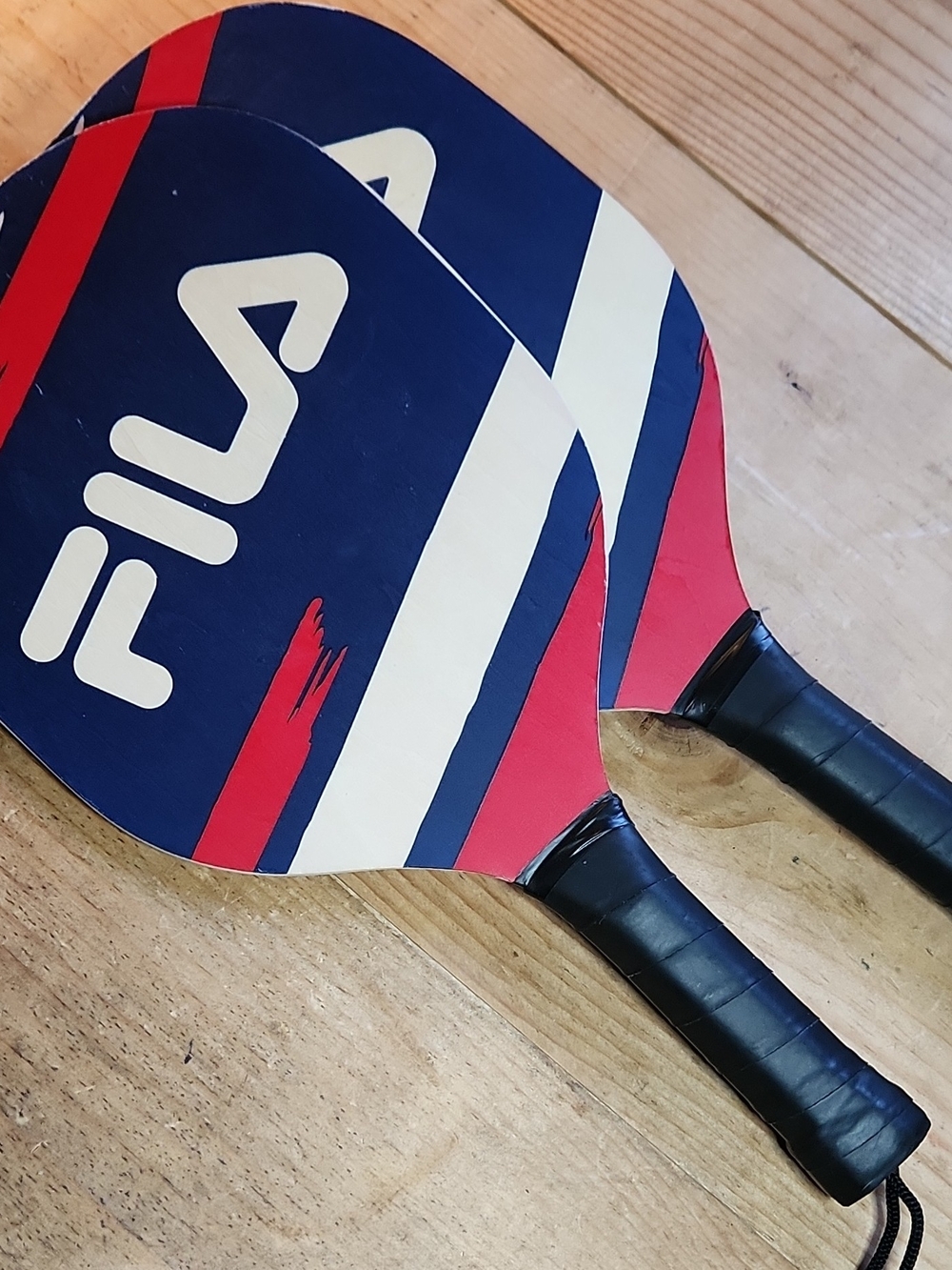 FILA AR & JB Pickle Ball Paddles, Wood, Lot of 2 Red/White/Blue. Good